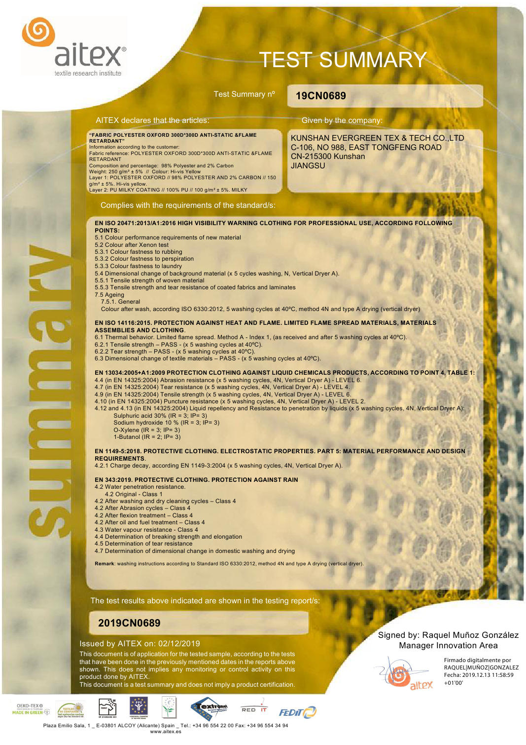 2019CN0689 conductive cell fluorescent yellow EN20471+EN14116+EN13034+EN1149+EN343 certificate