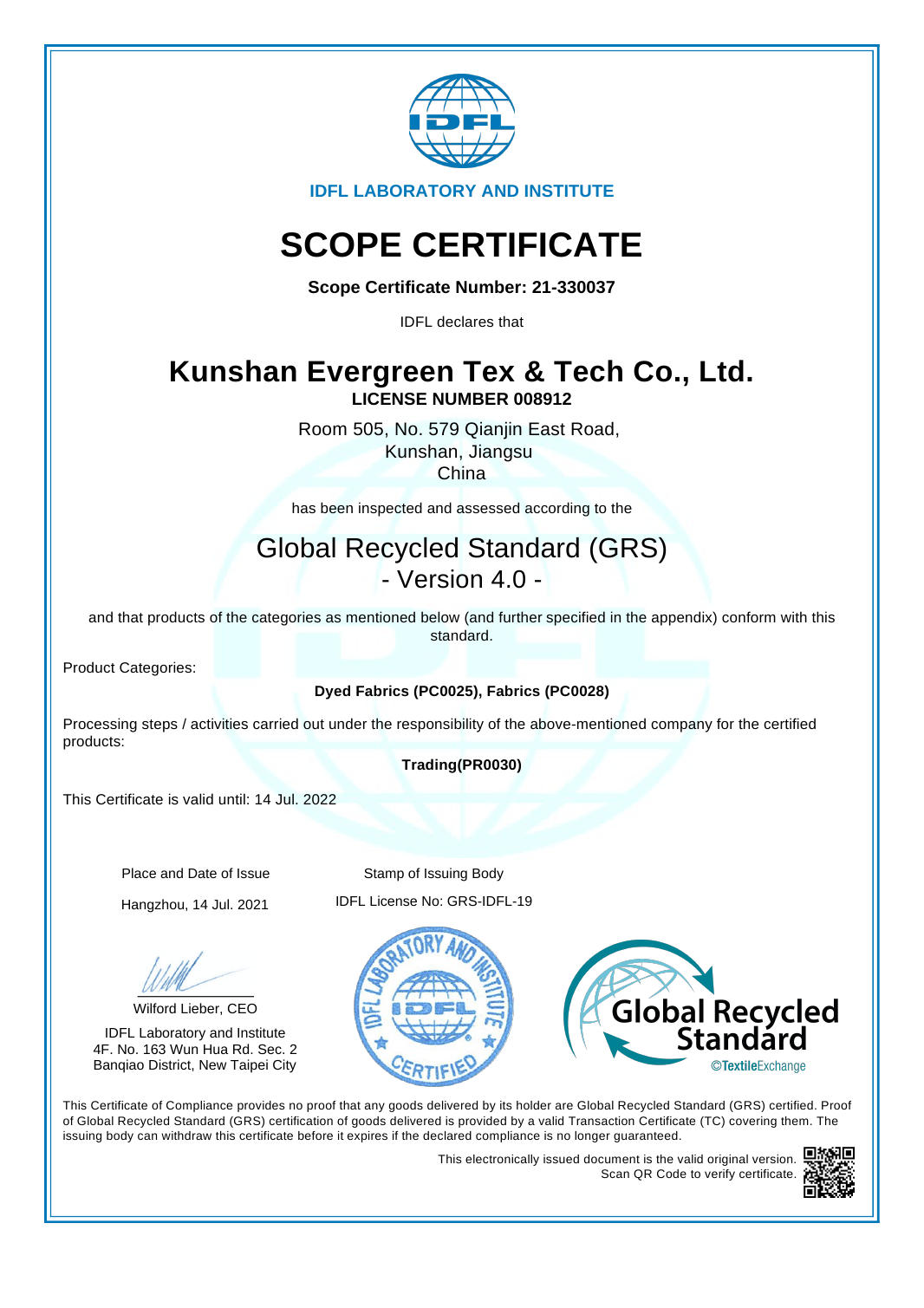 GRS Certificate IDFL 21-330037 GRS Certificate