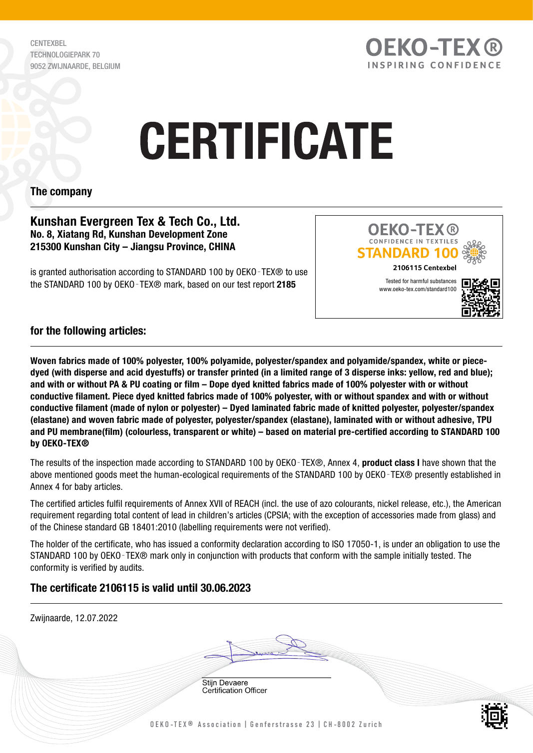 OEKO-TEX STANDARD 100 certificate